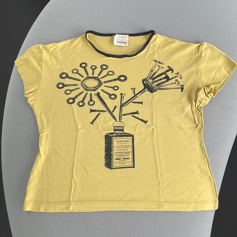 Vintage Todd Oldham Yellow Rayon T-Shirt with Whimsical Prints